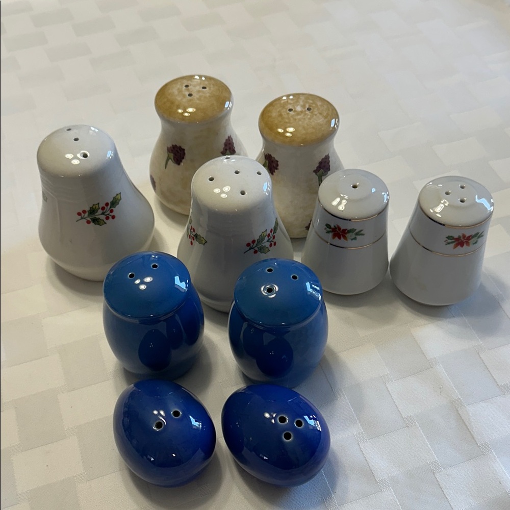Ceramic Salt and Pepper Shaker lot- Blue, White, and Tan